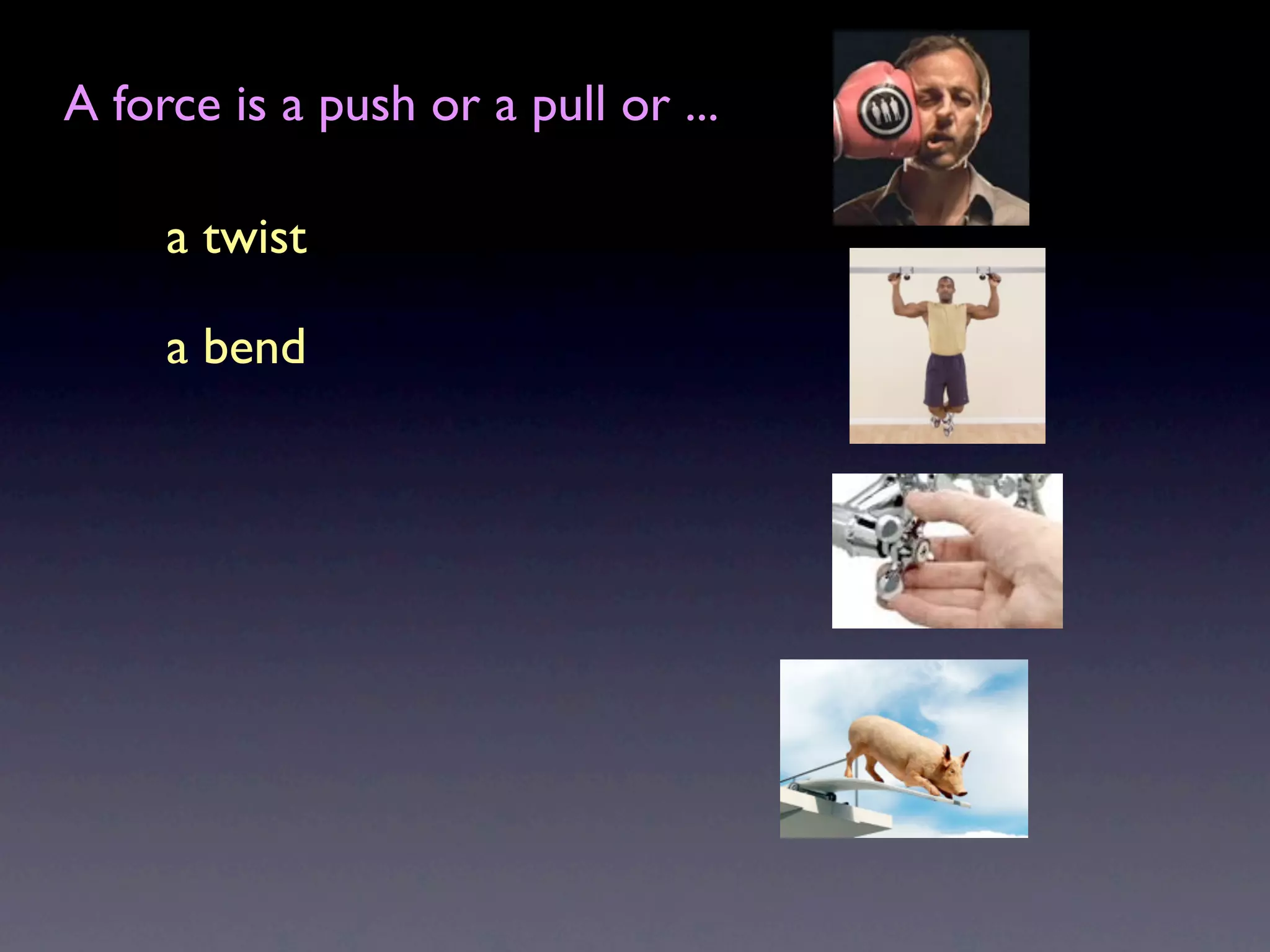A force is a push or a pull or ...

     a twist

     a bend
 