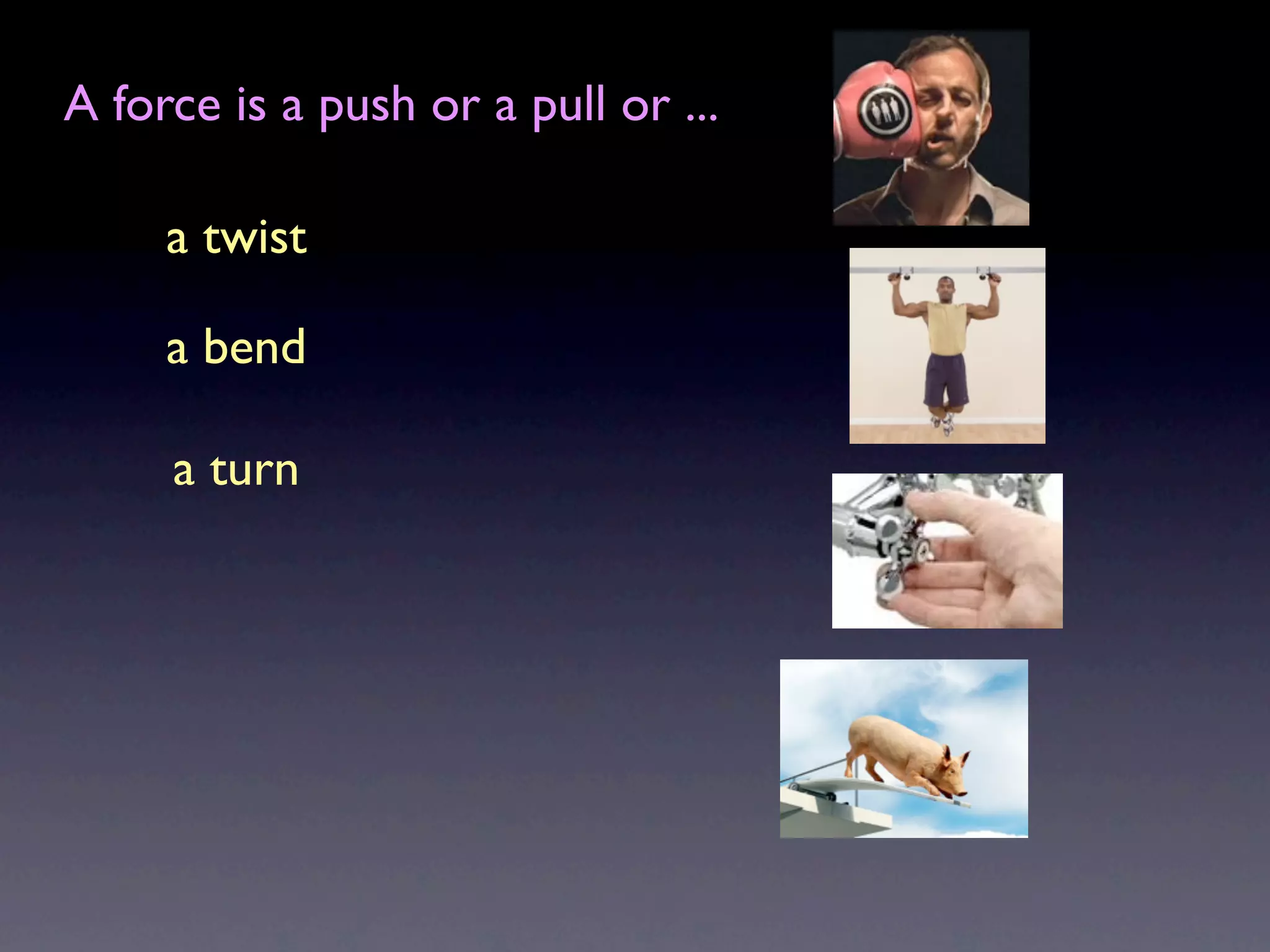 A force is a push or a pull or ...

     a twist

     a bend

     a turn
 
