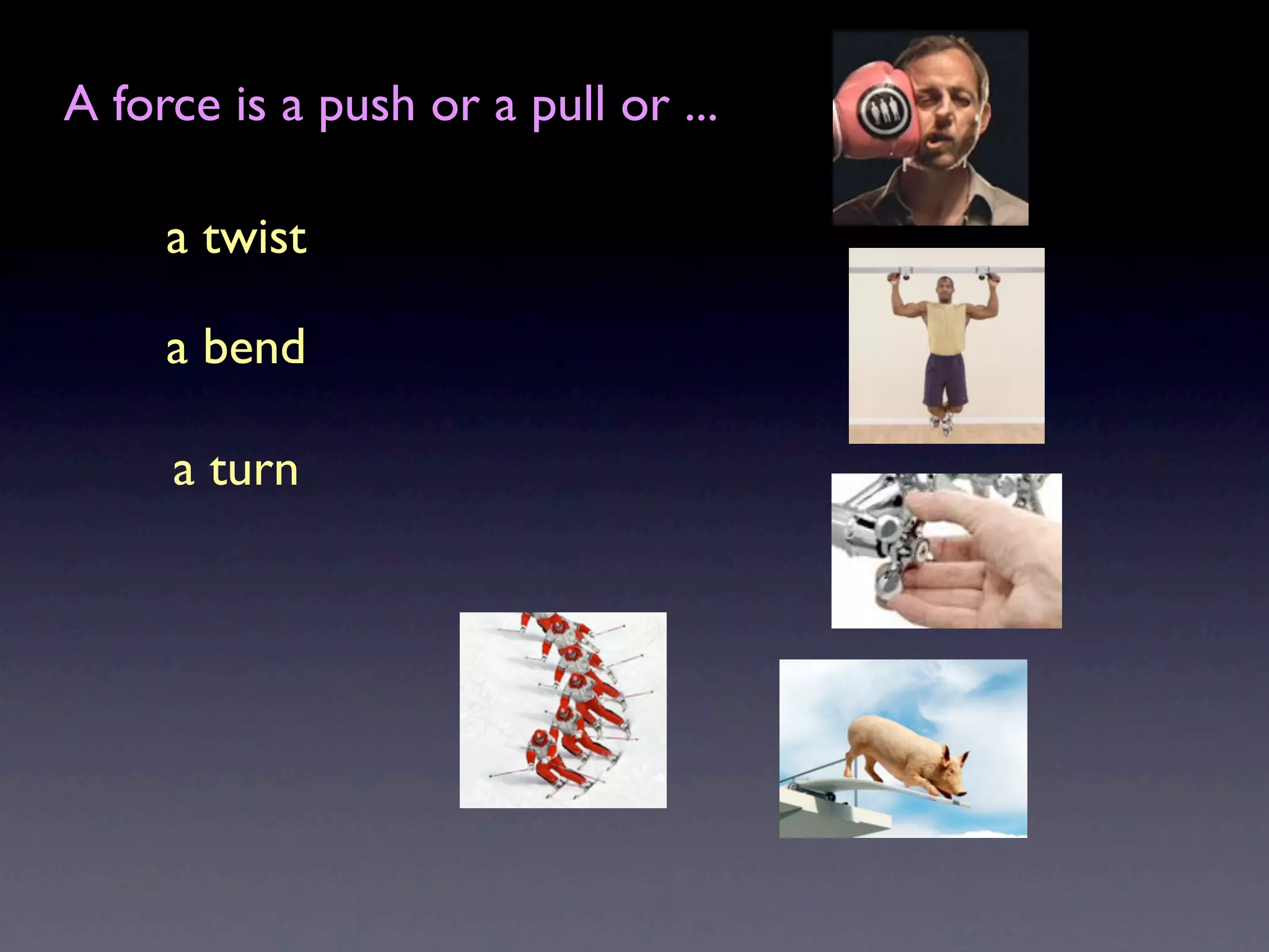A force is a push or a pull or ...

     a twist

     a bend

     a turn
 