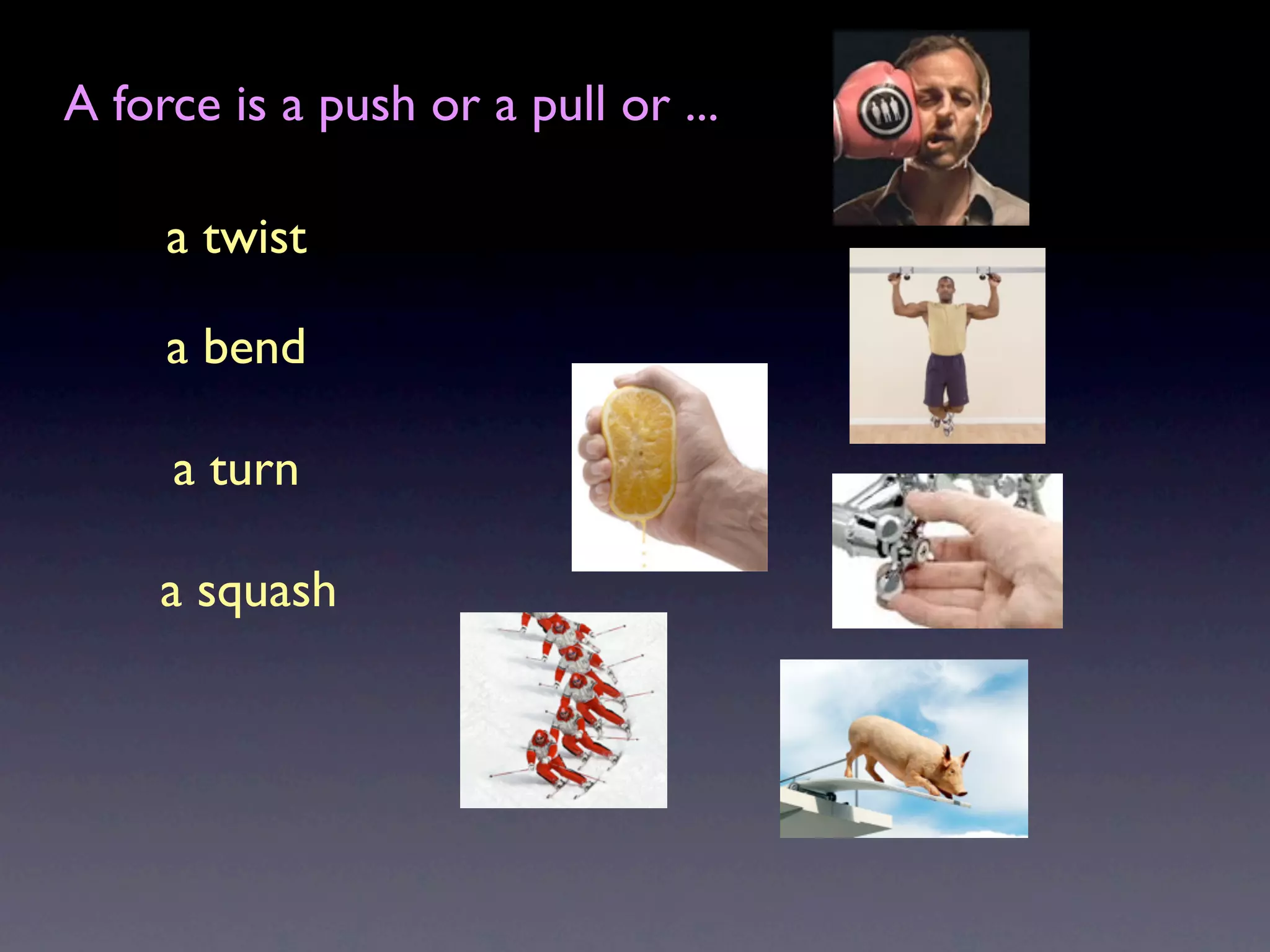 A force is a push or a pull or ...

     a twist

     a bend

     a turn

     a squash
 