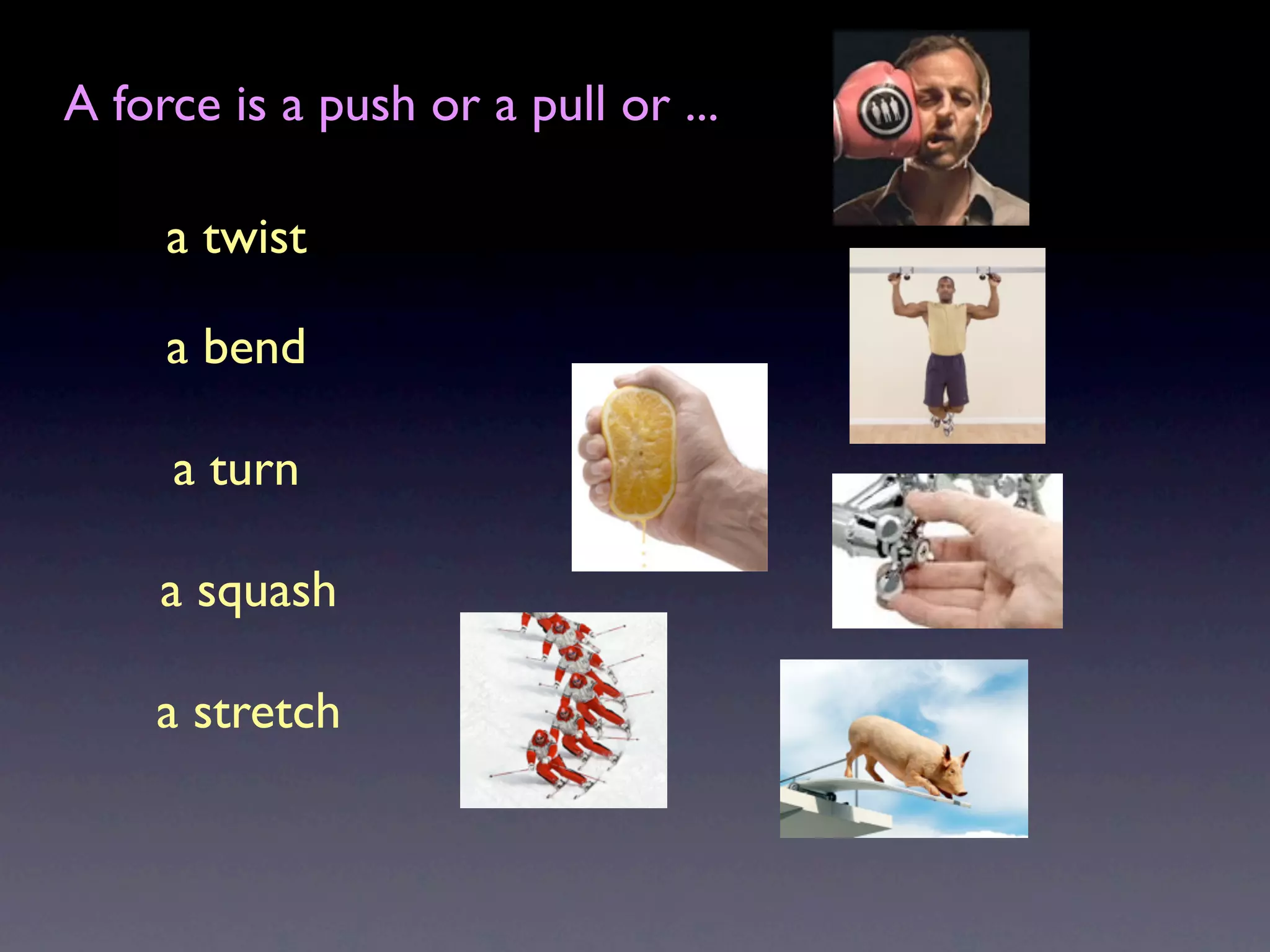 A force is a push or a pull or ...

     a twist

     a bend

     a turn

     a squash

    a stretch
 