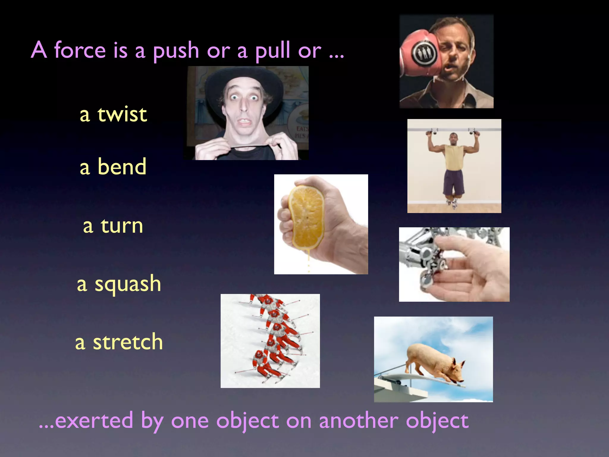 A force is a push or a pull or ...

     a twist

     a bend

     a turn

     a squash

    a stretch


...exerted by one object on another object
 