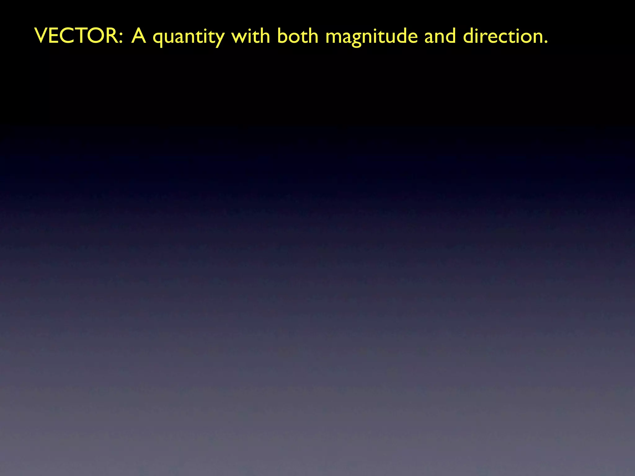 VECTOR: A quantity with both magnitude and direction.
 