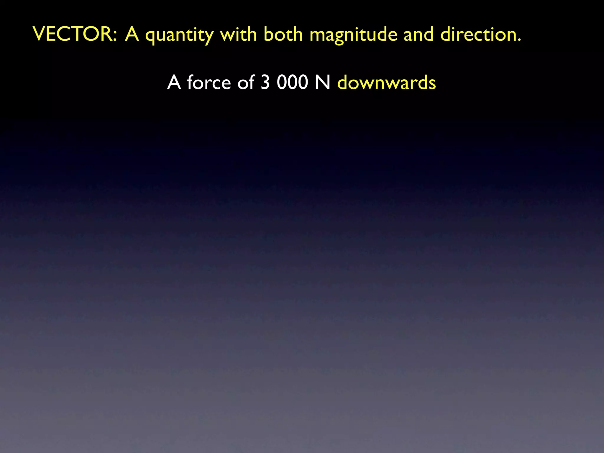 VECTOR: A quantity with both magnitude and direction.

              A force of 3 000 N downwards
 