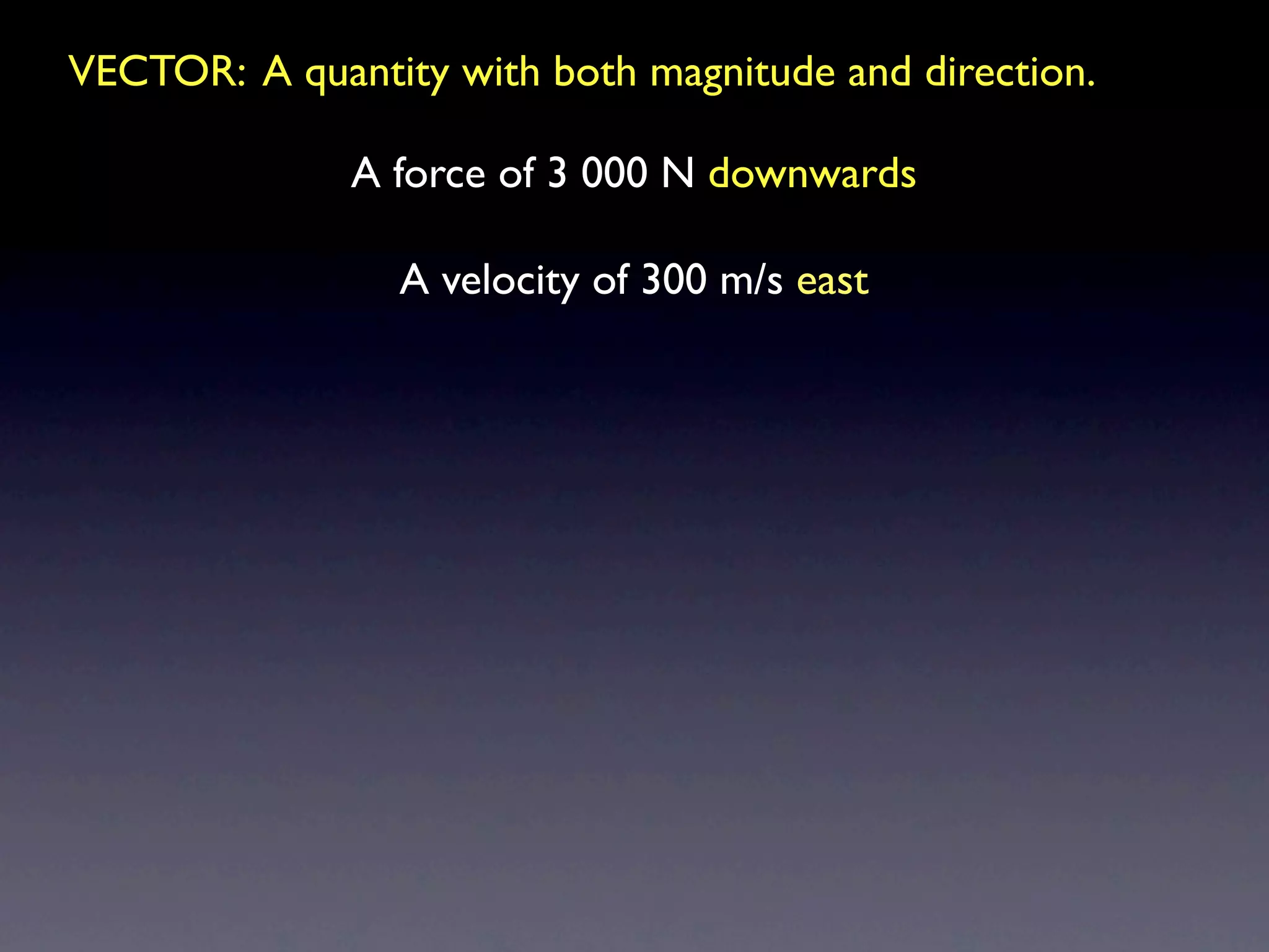 VECTOR: A quantity with both magnitude and direction.

              A force of 3 000 N downwards

                 A velocity of 300 m/s east
 