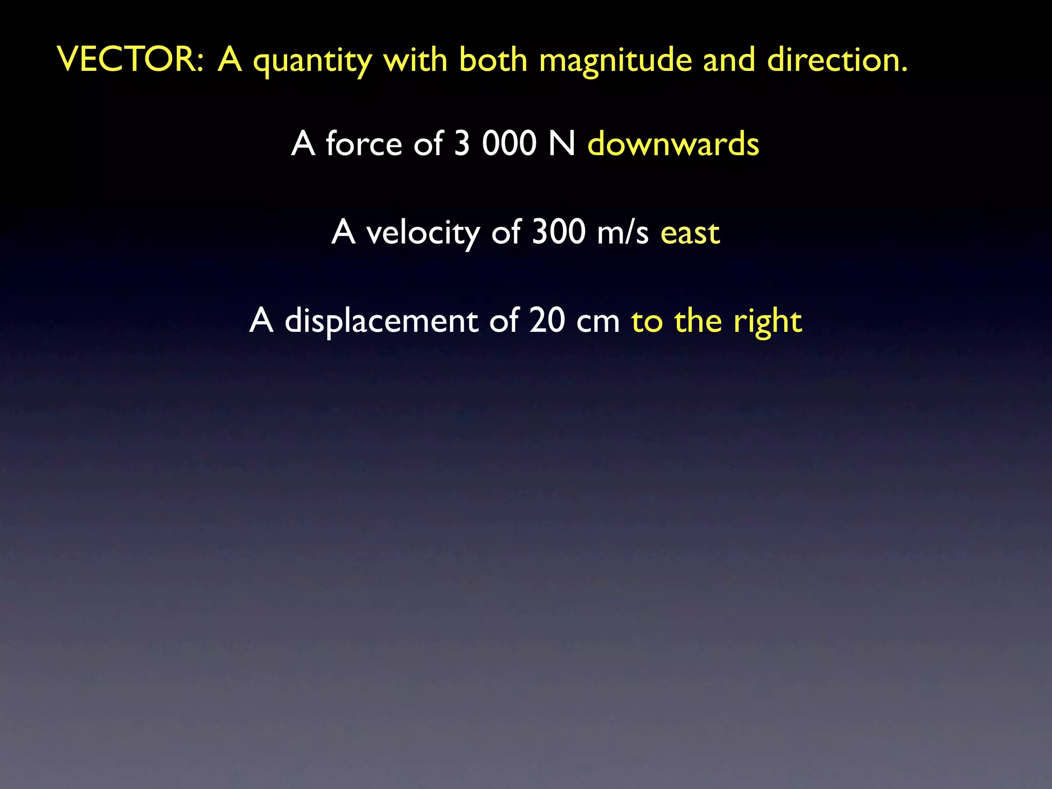 VECTOR: A quantity with both magnitude and direction.

              A force of 3 000 N downwards

                 A velocity of 300 m/s east

           A displacement of 20 cm to the right
 