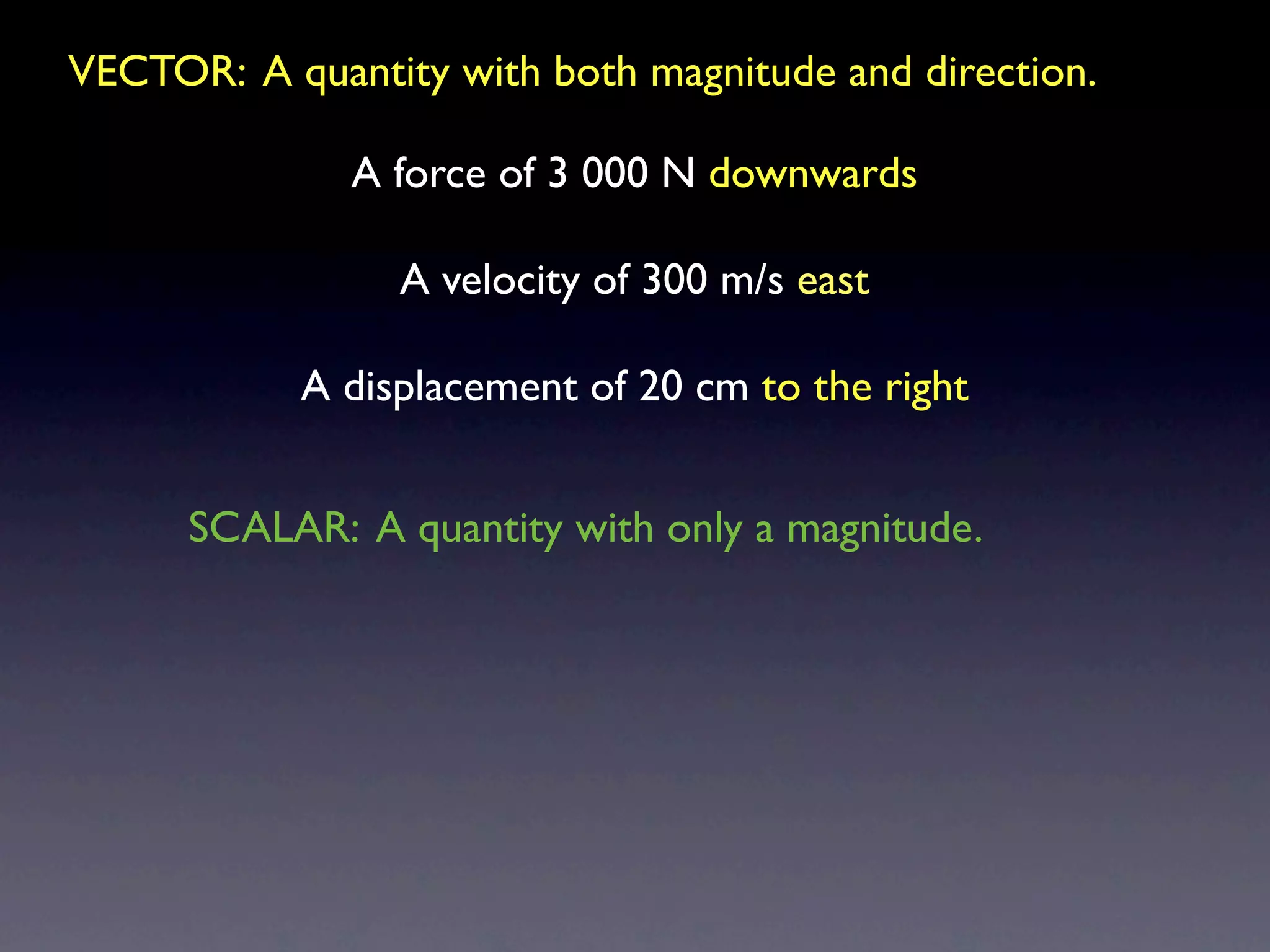 VECTOR: A quantity with both magnitude and direction.

              A force of 3 000 N downwards

                 A velocity of 300 m/s east

           A displacement of 20 cm to the right


      SCALAR: A quantity with only a magnitude.
 