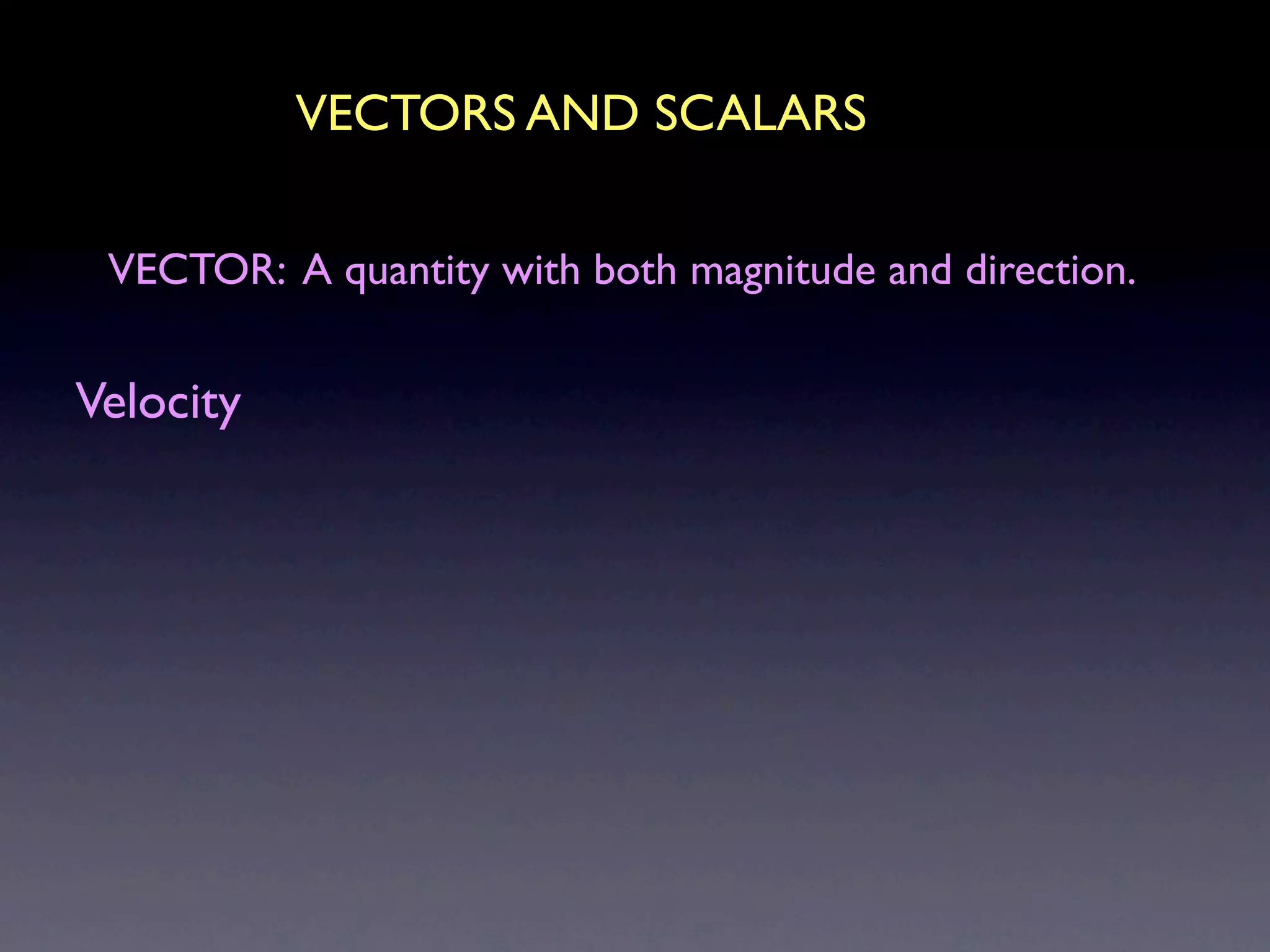 VECTORS AND SCALARS

 VECTOR: A quantity with both magnitude and direction.


Velocity
 