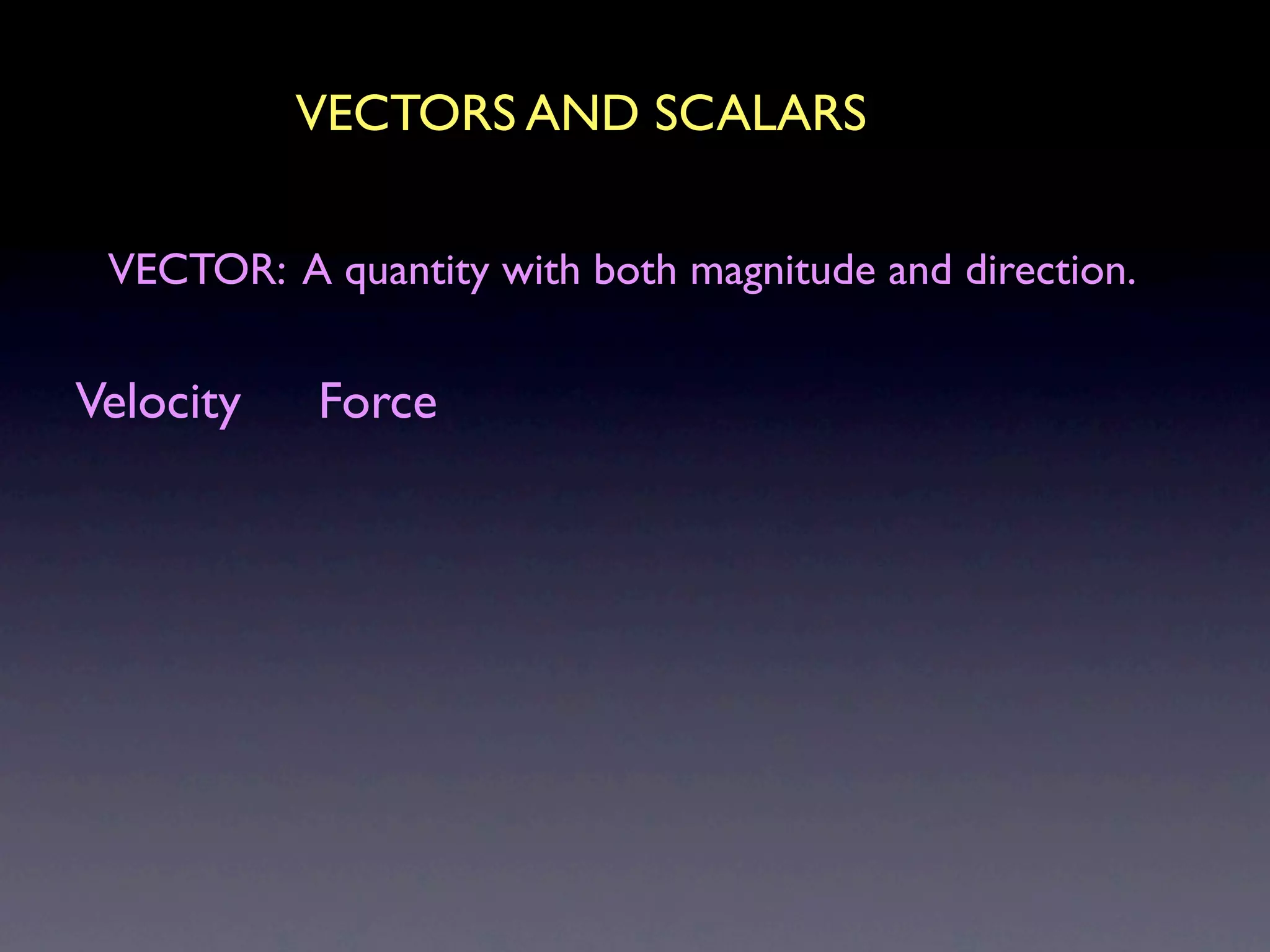 VECTORS AND SCALARS

 VECTOR: A quantity with both magnitude and direction.


Velocity   Force
 