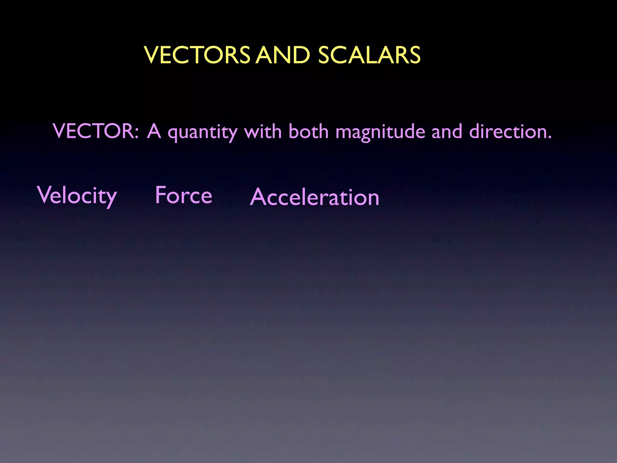 VECTORS AND SCALARS

 VECTOR: A quantity with both magnitude and direction.


Velocity   Force     Acceleration
 