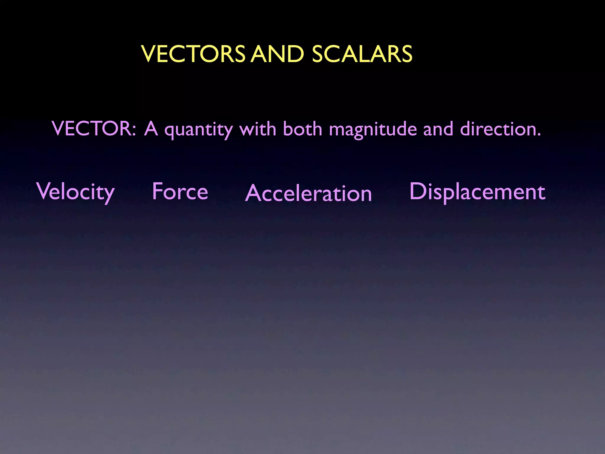 VECTORS AND SCALARS

 VECTOR: A quantity with both magnitude and direction.


Velocity   Force     Acceleration      Displacement
 