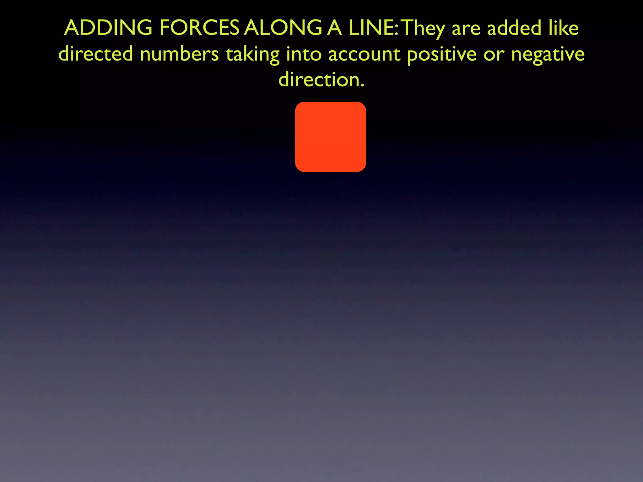 ADDING FORCES ALONG A LINE: They are added like
directed numbers taking into account positive or negative
                       direction.
 