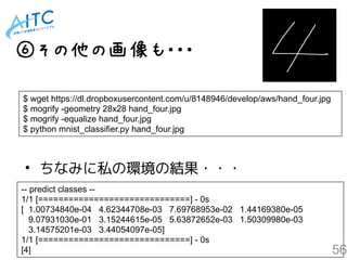 56
⑥その他の画像も・・・
$ wget https://dl.dropboxusercontent.com/u/8148946/develop/aws/hand_four.jpg
$ mogrify -geometry 28x28 hand_four.jpg
$ mogrify -equalize hand_four.jpg
$ python mnist_classifier.py hand_four.jpg
-- predict classes --
1/1 [==============================] - 0s
[ 1.00734840e-04 4.62344708e-03 7.69768953e-02 1.44169380e-05
9.07931030e-01 3.15244615e-05 5.63872652e-03 1.50309980e-03
3.14575201e-03 3.44054097e-05]
1/1 [==============================] - 0s
[4]
• ちなみに私の環境の結果・・・
 