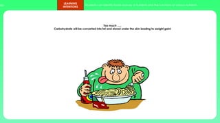 ups.
LEARNING
INTENTIONS
Students can identify foods sources of nutrients and the functions of various nutrients.
Too much …..
Carbohydrate will be converted into fat and stored under the skin leading to weight gain!
 