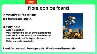 ups.
LEARNING
INTENTIONS
Students can identify foods sources of nutrients and the functions of various nutrients.
Fibre can be found
In virtually all foods that
are from plant origin.
Dietary Fibre
Aids in digestion.
May reduce the risk of developing some
diseases like heart disease, diabetes and
obesity, and certain types of cancer.
Helps promote regularity.
Breakfast cereal, Porridge oats, Wholemeal bread etc.
 