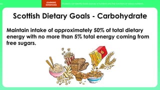 ups.
LEARNING
INTENTIONS
Students can identify foods sources of nutrients and the functions of various nutrients.
Scottish Dietary Goals - Carbohydrate
Maintain intake of approximately 50% of total dietary
energy with no more than 5% total energy coming from
free sugars.
 