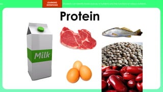 ups.
LEARNING
INTENTIONS
Students can identify foods sources of nutrients and the functions of various nutrients.
Protein
 