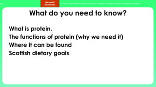 ups.
LEARNING
INTENTIONS
Students can identify foods sources of nutrients and the functions of various nutrients.
What do you need to know?
What is protein.
The functions of protein (why we need it)
Where it can be found
Scottish dietary goals
 