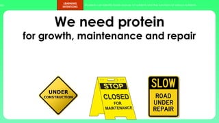 ups.
LEARNING
INTENTIONS
Students can identify foods sources of nutrients and the functions of various nutrients.
We need protein
for growth, maintenance and repair
 