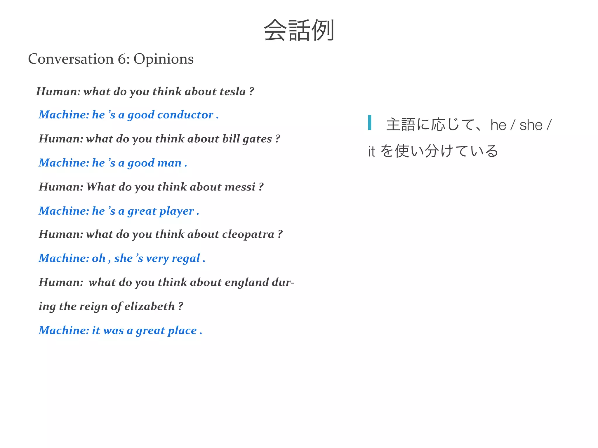 会話例
Human:	
  what	
  do	
  you	
  think	
  about	
  tesla	
  ?	
  
	
  Machine:	
  he	
  ’s	
  a	
  good	
  conductor	
  .	
  
	
  Human:	
  what	
  do	
  you	
  think	
  about	
  bill	
  gates	
  ?	
  
	
  Machine:	
  he	
  ’s	
  a	
  good	
  man	
  .	
  
	
  Human:	
  What	
  do	
  you	
  think	
  about	
  messi	
  ?	
  
	
  Machine:	
  he	
  ’s	
  a	
  great	
  player	
  .	
  
	
  Human:	
  what	
  do	
  you	
  think	
  about	
  cleopatra	
  ?	
  
	
  Machine:	
  oh	
  ,	
  she	
  ’s	
  very	
  regal	
  .	
  
	
  Human:	
  	
  what	
  do	
  you	
  think	
  about	
  england	
  dur-­‐	
  
	
  ing	
  the	
  reign	
  of	
  elizabeth	
  ?	
  
	
  Machine:	
  it	
  was	
  a	
  great	
  place	
  .	
  
  主語に応じて、he / she /
it を使い分けている
Conversation	
  6:	
  Opinions	
  	
  
 