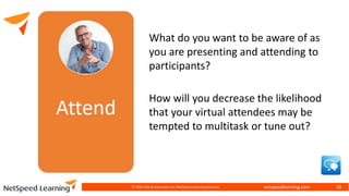 netspeedlearning.com
© 2022 Clay & Associates Inc./NetSpeed Learning Solutions 10
What do you want to be aware of as
you are presenting and attending to
participants?
How will you decrease the likelihood
that your virtual attendees may be
tempted to multitask or tune out?
 