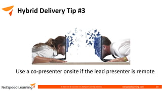 netspeedlearning.com
Hybrid Delivery Tip #3
Use a co-presenter onsite if the lead presenter is remote
© 2022 Clay & Associates Inc./NetSpeed Learning Solutions 14
 