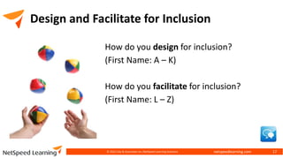 netspeedlearning.com
Design and Facilitate for Inclusion
How do you design for inclusion?
(First Name: A – K)
How do you facilitate for inclusion?
(First Name: L – Z)
© 2022 Clay & Associates Inc./NetSpeed Learning Solutions 17
 