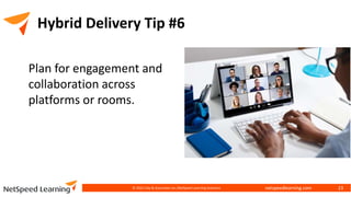 netspeedlearning.com
Hybrid Delivery Tip #6
© 2022 Clay & Associates Inc./NetSpeed Learning Solutions 23
Plan for engagement and
collaboration across
platforms or rooms.
 