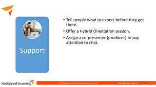 netspeedlearning.com
• Tell people what to expect before they get
there.
• Offer a Hybrid Orientation session.
• Assign a co-presenter (producer) to pay
attention to chat.
© 2022 Clay & Associates Inc./NetSpeed Learning Solutions 24
 