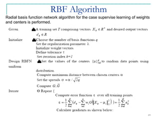 RBF Algorithm
19
Radial basis function network algorithm for the case supervise learning of weights
and centers is performed.
 