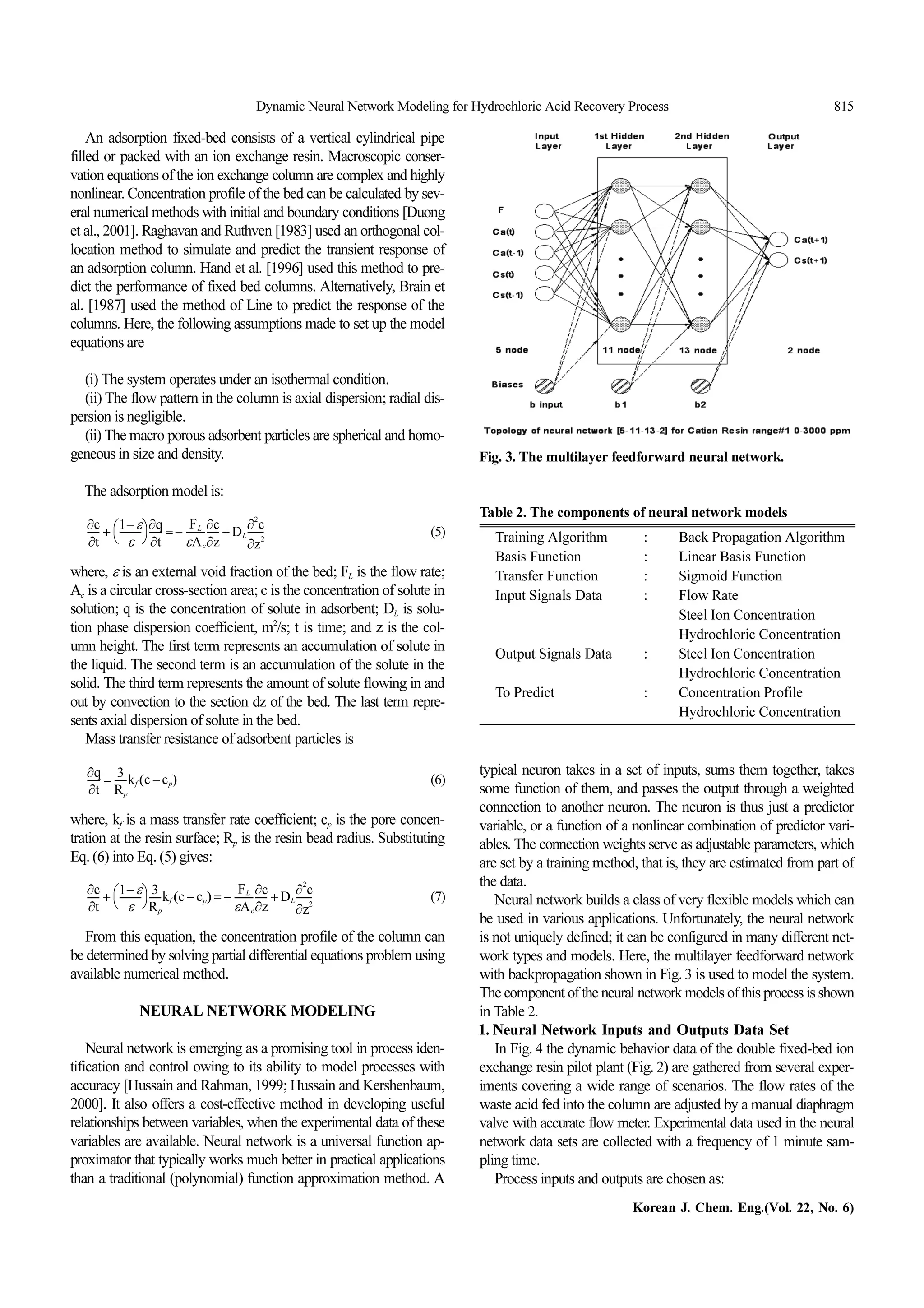 Dynamic Neural Network Modeling for Hydrochloric Acid Recovery Process 815
Korean J. Chem. Eng.(Vol. 22, No. 6)
An adsorption fixed-bed consists of a vertical cylindrical pipe
filled or packed with an ion exchange resin. Macroscopic conser-
vationequationsoftheionexchangecolumnarecomplexandhighly
nonlinear.Concentrationprofileofthebedcanbecalculatedbysev-
eralnumericalmethodswithinitialandboundaryconditions[Duong
etal.,2001].RaghavanandRuthven[1983]usedanorthogonalcol-
location method to simulate and predict the transient response of
an adsorption column. Hand et al. [1996] used this method to pre-
dict the performance of fixed bed columns. Alternatively, Brain et
al. [1987] used the method of Line to predict the response of the
columns. Here,thefollowing assumptions made to set up the model
equationsare
(i)Thesystem operatesunderanisothermalcondition.
(ii)Theflowpatterninthecolumnisaxial dispersion;radial dis-
persionisnegligible.
(ii)Themacroporousadsorbentparticlesaresphericalandhomo-
geneousinsizeanddensity.
Theadsorptionmodelis:
(5)
where, ε is an external void fraction of the bed; FL is the flow rate;
Ac isacircularcross-sectionarea;cistheconcentrationofsolutein
solution; q is the concentration of solute in adsorbent; DL is solu-
tion phase dispersion coefficient, m2
/s; t is time; and z is the col-
umn height. The first term represents an accumulation of solute in
the liquid. The second term is an accumulation of the solute in the
solid. The third term represents the amount of solute flowing in and
out by convection to the section dz of the bed. The last term repre-
sentsaxialdispersionofsoluteinthebed.
Masstransferresistanceofadsorbentparticlesis
(6)
where, kf is a mass transfer rate coefficient; cp is the pore concen-
tration at the resin surface; Rp is the resin bead radius. Substituting
Eq.(6)intoEq.(5)gives:
(7)
From this equation, the concentration profile of the column can
bedeterminedbysolvingpartialdifferentialequationsproblemusing
availablenumericalmethod.
NEURAL NETWORK MODELING
Neural network is emerging as a promising tool in process iden-
tification and control owing to its ability to model processes with
accuracy[HussainandRahman,1999;HussainandKershenbaum,
2000]. It also offers a cost-effective method in developing useful
relationshipsbetween variables,whenthe experimental dataof these
variables are available. Neural network is a universal function ap-
proximator that typically works much better in practical applications
than a traditional (polynomial) function approximation method. A
typical neuron takes in a set of inputs, sums them together, takes
some function of them, and passes the output through a weighted
connection to another neuron. The neuron is thus just a predictor
variable, or a function of a nonlinear combination of predictor vari-
ables.Theconnectionweightsserveasadjustableparameters,which
aresetbyatrainingmethod,thatis,they areestimated from part of
thedata.
Neuralnetworkbuildsaclassof veryflexiblemodelswhich can
be used in various applications. Unfortunately, the neural network
is not uniquely defined; it can be configured in many different net-
work types and models. Here, the multilayer feedforward network
with backpropagation shown in Fig.3 is used to model the system.
Thecomponentoftheneuralnetworkmodelsofthisprocessisshown
inTable2.
1.Neural Network Inputs and Outputs Data Set
In Fig.4 the dynamic behavior data of the double fixed-bed ion
exchange resin pilot plant (Fig.2) are gathered from several exper-
iments covering a wide range of scenarios. The flow rates of the
wasteacidfedintothecolumnareadjustedbyamanualdiaphragm
valve with accurate flow meter. Experimental data used in the neural
network data sets are collected with a frequency of 1 minute sam-
plingtime.
Processinputsandoutputsarechosenas:
∂c
∂t
----- +
1−ε
ε
---------⎝ ⎠
⎛ ⎞∂q
∂t
------= −
FL
εAc
--------∂c
∂z
----- + DL
∂
2
c
∂z2
-------
∂q
∂t
------ =
3
Rp
-----kf
c−cp
( )
∂c
∂t
----- +
1−ε
ε
---------⎝ ⎠
⎛ ⎞ 3
Rp
-----kf
c−cp
( ) =−
FL
εAc
--------∂c
∂z
----- + DL
∂
2
c
∂z2
-------
Fig.3.The multilayer feedforward neural network.
Table2.The components of neural network models
Training Algorithm : Back Propagation Algorithm
Basis Function : Linear Basis Function
Transfer Function : Sigmoid Function
Input Signals Data : Flow Rate
Steel Ion Concentration
Hydrochloric Concentration
Output Signals Data : Steel Ion Concentration
Hydrochloric Concentration
To Predict : Concentration Profile
Hydrochloric Concentration
 