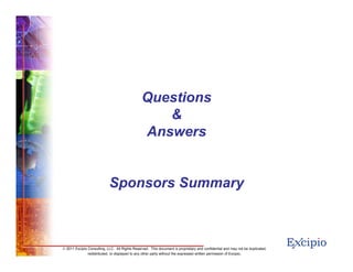 1515
© 2011 Excipio Consulting, LLC. All Rights Reserved. This document is proprietary and confidential and may not be duplicated,
redistributed, or displayed to any other party without the expressed written permission of Excipio.
Questions
&
Answers
Sponsors Summary
 