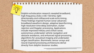 ...
t.me/slaydai_bot
Dolphin echolocation research revealed broadband,
high-frequency clicks ( 40–150 kHz), tight
≈
directionality and millisecond-scale echo timing.
These findings inspired human sonar advances:
broadband waveform design, adaptive beamforming,
high-resolution time-delay estimation, clutter
rejection and Doppler processing. Applications
include improved military and civilian sonar,
autonomous underwater vehicle navigation and
obstacle avoidance, and enhanced signal-processing
algorithms for acoustical imaging and underwater
target classification. Biomimetic sensor arrays and
neural-inspired processing architectures derive
directly from dolphin biosonar studies.
 