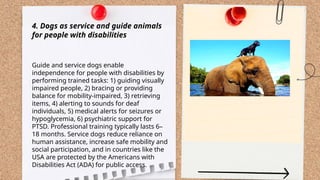 ...
t.me/slaydai_bot
4. Dogs as service and guide animals
for people with disabilities
Guide and service dogs enable
independence for people with disabilities by
performing trained tasks: 1) guiding visually
impaired people, 2) bracing or providing
balance for mobility-impaired, 3) retrieving
items, 4) alerting to sounds for deaf
individuals, 5) medical alerts for seizures or
hypoglycemia, 6) psychiatric support for
PTSD. Professional training typically lasts 6–
18 months. Service dogs reduce reliance on
human assistance, increase safe mobility and
social participation, and in countries like the
USA are protected by the Americans with
Disabilities Act (ADA) for public access.
 