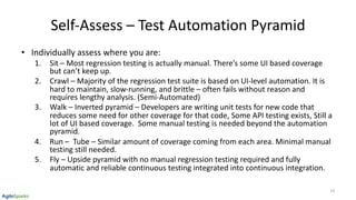 Self-Assess – Test Automation Pyramid
• Individually assess where you are:
1. Sit – Most regression testing is actually manual. There’s some UI based coverage
but can’t keep up.
2. Crawl – Majority of the regression test suite is based on UI-level automation. It is
hard to maintain, slow-running, and brittle – often fails without reason and
requires lengthy analysis. (Semi-Automated)
3. Walk – Inverted pyramid – Developers are writing unit tests for new code that
reduces some need for other coverage for that code, Some API testing exists, Still a
lot of UI based coverage. Some manual testing is needed beyond the automation
pyramid.
4. Run – Tube – Similar amount of coverage coming from each area. Minimal manual
testing still needed.
5. Fly – Upside pyramid with no manual regression testing required and fully
automatic and reliable continuous testing integrated into continuous integration.
14
 