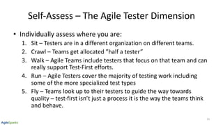 Self-Assess – The Agile Tester Dimension
• Individually assess where you are:
1. Sit – Testers are in a different organization on different teams.
2. Crawl – Teams get allocated ”half a tester”
3. Walk – Agile Teams include testers that focus on that team and can
really support Test-First efforts.
4. Run – Agile Testers cover the majority of testing work including
some of the more specialized test types
5. Fly – Teams look up to their testers to guide the way towards
quality – test-first isn’t just a process it is the way the teams think
and behave.
33
 