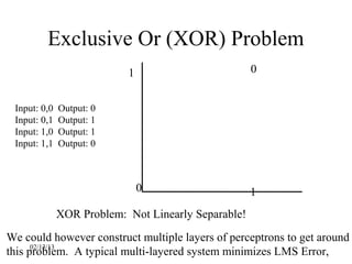 Exclusive Or (XOR) Problem
                           1                         0


 Input: 0,0   Output: 0
 Input: 0,1   Output: 1
 Input: 1,0   Output: 1
 Input: 1,1   Output: 0



                               0                     1
              XOR Problem: Not Linearly Separable!
We could however construct multiple layers of perceptrons to get around
      02/13/13
this problem. A typical multi-layered system minimizes LMS Error,
 