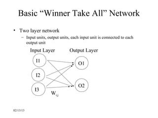 Basic “Winner Take All” Network
• Two layer network
     – Input units, output units, each input unit is connected to each
       output unit
           Input Layer           Output Layer

             I1                       O1

             I2

                                      O2
             I3
                      Wi,j


02/13/13
 