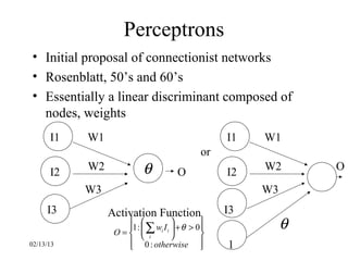 Perceptrons
• Initial proposal of connectionist networks
• Rosenblatt, 50’s and 60’s
• Essentially a linear discriminant composed of
  nodes, weights
      I1   W1                                   I1   W1
                                           or
      I2   W2             θ         O           I2   W2       O

           W3                                        W3
     I3         Activation Function             I3
                    
                 O=  i
                                           
                   1 :  ∑ wi I i  + θ > 0
                                            
                                                          θ
                                   
02/13/13            0 : otherwise             1
                                           
 