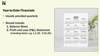 Year-to-Date Financials
17
• Usually provided quarterly
• Should include:
1. Balance Sheet
2. Profit and Loss (P&L) Statement
(including dates: e.g. 1.1.22 - 3.31.22)
 