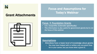 Grant Attachments
Focus à Foundation Grants
• U.S. nonprofits (Colorado specifically)
• This information is also useful for government grants but is not
the focus of this webinar
Assumptions:
• Attendees have a basic level of knowledge about grants
• You may have helped with or written only one grant thus
far in your career, but you know what a grant is.
Focus and Assumptions for
Today’s Webinar
5
 