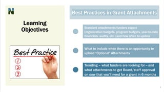 Best Practices in Grant Attachments
Standard attachments funders expect
(organization budgets, program budgets, year-to-date
financials, audits, etc.) and how often to update
What to include when there is an opportunity to
upload “Optional” Attachments
Trending – what funders are looking for -- and
what attachments to get Board/staff approval
on now that you’ll need for a grant in 6 months
Learning
Objectives
6
 