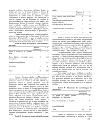 197
pesquisa englobam observações realizadas durante os
estágios do curso e a de coleta de dados no formato de
questionário. De acordo com a pesquisa os professores
responderam da forma como se apresenta a seguir
considerando as questões propostas. Nas observações foi
possível constatar que as professora não utilizam de
recursos pedagógicos, ficam presos no livro, quadro e giz.
Essas possuem domínio de conteúdo e procura esclarecer
todas as dúvidas surgidas, maneja com habilidade as
técnicas de ensino e seleciona as mesmas com objetivos e o
conteúdo programado. Proporciona a participação ativa dos
alunos, estimulando o desenvolvimento de pensamento e
atitude dos mesmos.
Quando questionados sobre o tempo de magistério,
obteve-se como resposta que 58.4% tem entre 15 e 25 anos
de serviço e 25% entre 10 e 15 anos de trabalho nos anos
iniciais do Ensino Fundamental. Observa-se que a maioria
tem experiência profissional nessa etapa de ensino.
Tabela 1: Modo de trabalhar com matemática
nas aulas
Número de
professores
%
Jogos e exercícios no caderno e
folha.
3 25
Livro didático e atividades escritas
no caderno.
2 16,6
Resolução de problemas 1 8,4
Anularam 6 50
Total 12 100
Quanto à forma de trabalhar com Matemática em
sala de aula houve destaque para o trabalho com jogos e
exercícios escritos no caderno e em folha. Metade dos
professores anulou a questão apontando todas as
alternativas. Apenas 8.4% trabalham com resolução de
problemas. Segundo Schneider (2007), os jogos
pedagógicos devem ser usados de forma diferenciada, antes
mesmo de desenvolver um novo conteúdo. Dessa forma, a
autora acredita estar despertando o aluno ao aprendizado. O
professor deve estimular com o jogo o pensar dos seus
alunos, indagando se a resposta é aquela mesmo. Não é
papel de o professor dar respostas. Kishimoto (2009, p. 24)
afirma que “muitos profissionais devem aprender a
diferenciar os tipos de jogos, não só como brincadeira, mas
como recurso de ensino, dando o verdadeiro valor a esta
importante ferramenta de ensino”. O PCN de Matemática
traz como proposta de trabalho a resolução de problemas
como uma atividade de “orientação para a aprendizagem,
pois proporciona o contexto em que se pode apreender
conceitos, procedimentos e atitudes matemáticas.” ( 2000,
p.44).
Tabela 2: Recursos de ensino mais utilizados nas
aulas;
Números de
professores
%
Livro, caderno, papel sulfite, lápis,
quadro.
6 50
Material concreto disponível no
próprio ambiente.
2 16,6
Utilizam mais de dois recursos 3 25
Assinalaram todas as alternativas 1 8,4
Total 12 100
Sobre os recursos de ensino mais utilizados nas
aulas de matemática, observa-se que metade dos professores
marcou que utilizam livros, caderno, papel, lápis e quadro.
Percebe-se que a metade dos professores é mais tradicional
na utilização de recurso de ensino nas aulas de matemática.
Destaca-se que “conhecer diversas possibilidades de
trabalho em sala de aula é fundamental para que o professor
construa sua prática.” (PCN Matemática, 2000, p. 42).
No questionamento sobre o objetivo que priorizam
no processo Ensino e aprendizagem das crianças nessa etapa
de ensino, 33,3% dos professores apontaram que tem como
objetivo principal desafiar os alunos à resolução e também
33,3% dos professores afirmou estimular o gosto pelas
atividades matemática utilizando de atividades lúdicas.
Segundo o PCN Matemática (2000) as ações de ensino
aprendizagem devem ser planejadas, uma vez que há
objetivos propostos a alcançar. E ao professor cabe traçar o
rumo do seu trabalho tendo por base os objetivos e os
conteúdos como guias.
Com relação à preferência e facilidade em trabalhar
as disciplinas do currículo, 50% dos professores apontou
para mais de uma disciplina e 25% marcou matemática.
Esse percentual demostra que a Matemática não é uma
disciplina rejeitada por esses professores e 91.6%
concordam em trabalhar a matemática a partir da realidade
do aluno.
Tabela 3: Dificuldade de aprendizagem de
Matemática.
Números de
professores
%
Às vezes os alunos possuem
dificuldades na a disciplina.
5 41,7
Não tem dificuldades na disciplina. 5 41,7
Possui dificuldade 2 16,6
Total 12 100
Quanto às dificuldades do aluno em aprender
Matemática (Tabela: 3), observa-se na tabela que 41,7% dos
 