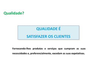 QUALIDADE É
SATISFAZER OS CLIENTES
Fornecendo-lhes produtos e serviços que cumpram as suas
necessidades e, preferencialmente, excedam as suas expetativas.
Qualidade?
Qualidade
 
