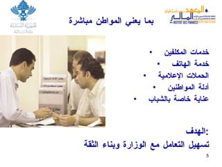 بما يعن ي  المواطن مباشرة خدمات المكلفين خدمة الهاتف الحملات الإعلامية أدلة المواطنين عناية خاصة بالشباب ال هدف : تسهيل التعامل مع الوزارة   وبناء الثقة 