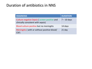 Duration of antibiotics in NNS
DIAGNOSIS DURATION
Culture negative Sepsis ( screen positive and
clinically consistent with sepsis)
7 – 10 days
Blood culture positive but no meningitis 14 days
Meningitis ( with or without positive blood/
CSF)
21 day
 
