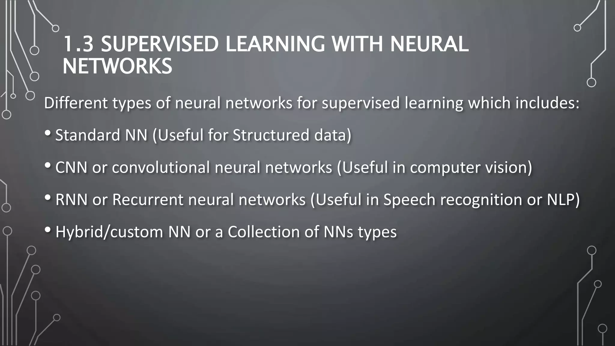 1.3 SUPERVISED LEARNING WITH NEURAL
NETWORKS
Different types of neural networks for supervised learning which includes:
• Standard NN (Useful for Structured data)
• CNN or convolutional neural networks (Useful in computer vision)
• RNN or Recurrent neural networks (Useful in Speech recognition or NLP)
• Hybrid/custom NN or a Collection of NNs types
 