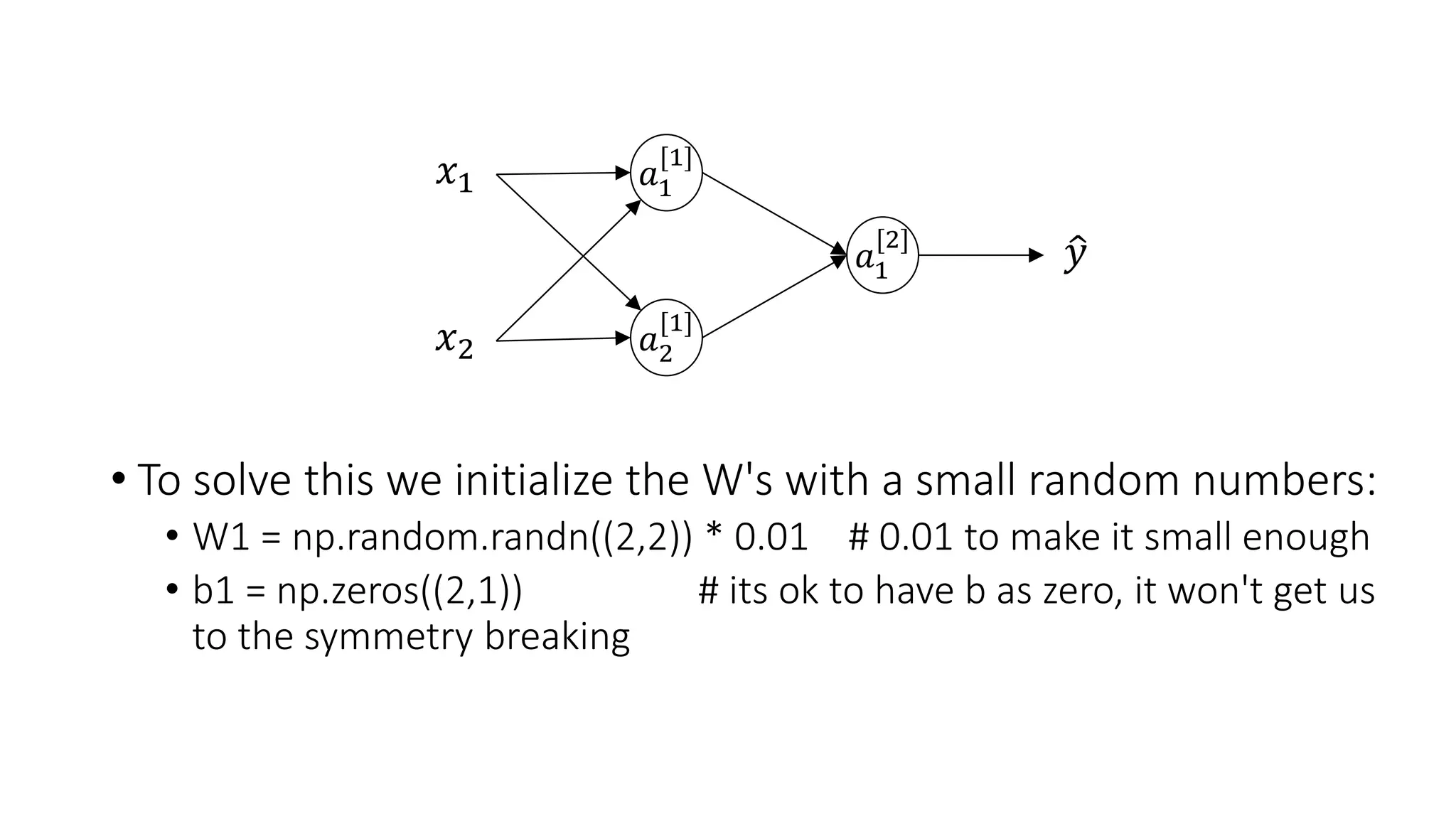 • To solve this we initialize the W's with a small random numbers:
• W1 = np.random.randn((2,2)) * 0.01 # 0.01 to make it small enough
• b1 = np.zeros((2,1)) # its ok to have b as zero, it won't get us
to the symmetry breaking
𝑎1
[1]
𝑥1
𝑎2
[1]
𝑥2
𝑦𝑎1
[2]
 
