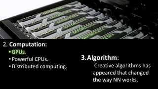 2. Computation:
•GPUs.
•Powerful CPUs.
•Distributed computing.
3.Algorithm:
Creative algorithms has
appeared that changed
the way NN works.
 