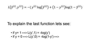 To explain the last function lets see:
• if y= 1 ==> L(y',1) = -log(y’)
• if y = 0 ==> L(y',0) = -log(1-y') ==>
 